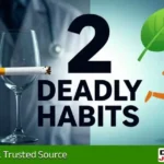 Infographic showing two habits linked to cancer: smoking and alcohol consumption, based on WHO 2026 report