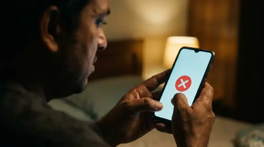 NID Wallet অ্যাপে বারবার ফেস ভেরিফিকেশন ফেল হওয়ায় হতাশ একজন ব্যবহারকারী স্মার্টফোন হাতে