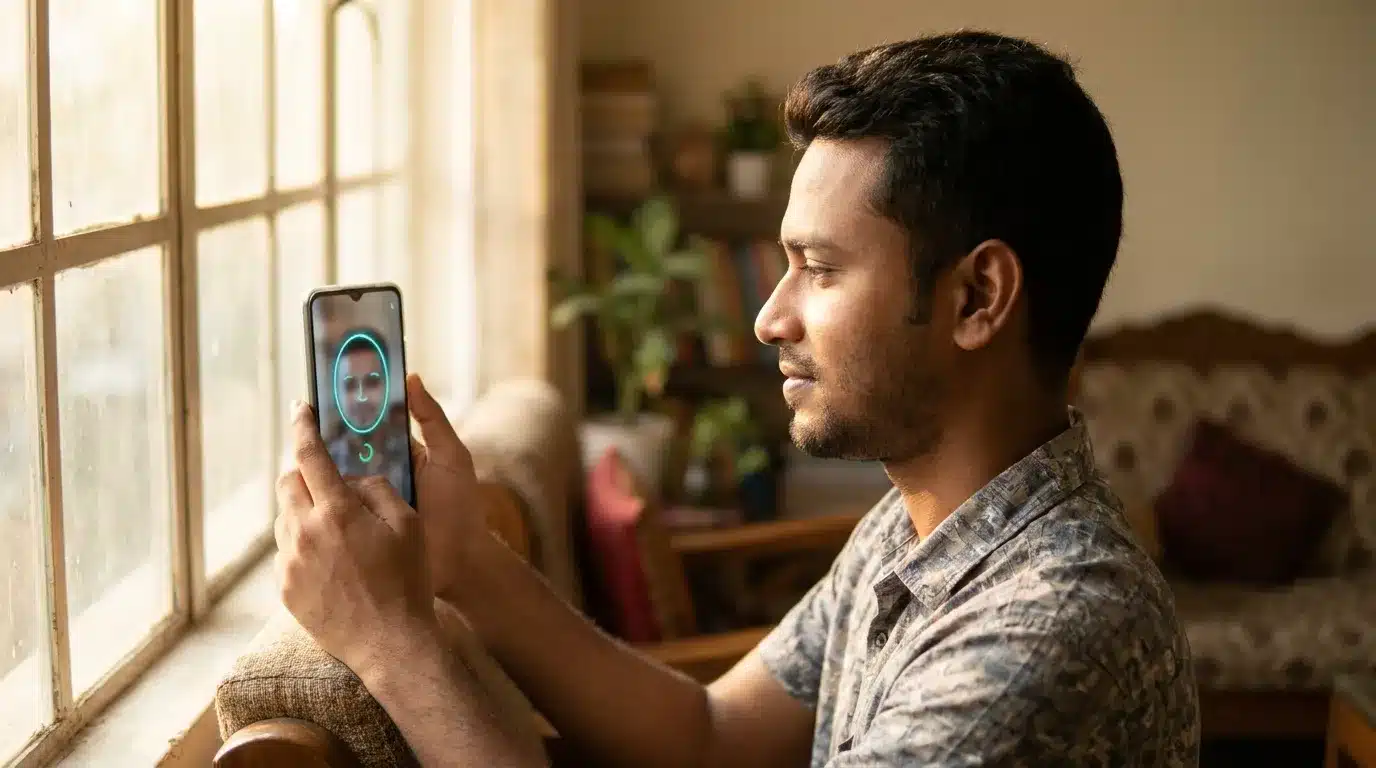 NID Wallet অ্যাপে ফেস ভেরিফিকেশন করছেন এক ব্যক্তি, জানালার পাশে দাঁড়িয়ে স্মার্টফোনে মুখ স্ক্যান করছেন