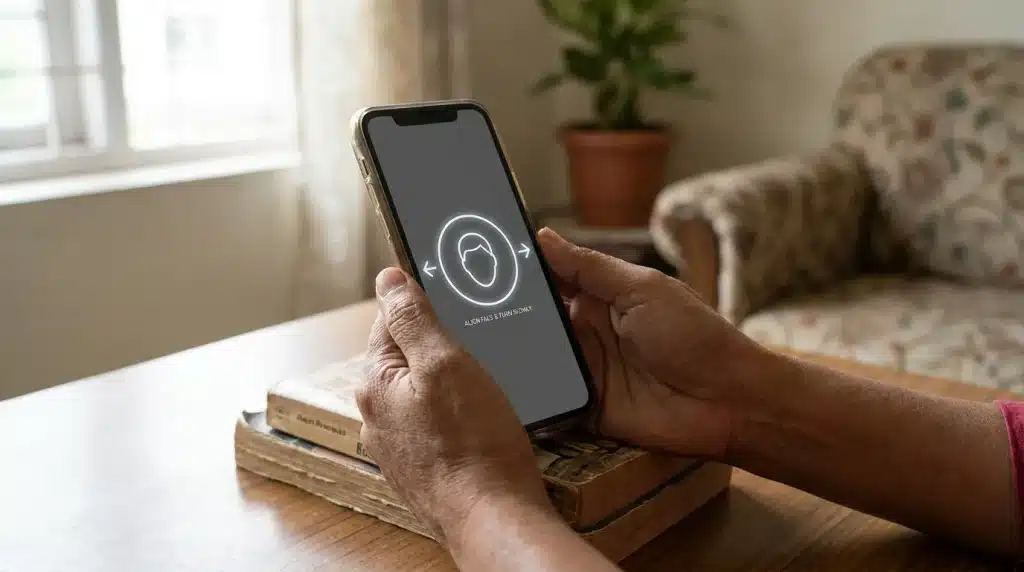 স্মার্টফোনে NID Wallet অ্যাপের ফেস ভেরিফিকেশন স্ক্রিনে মুখ ঘোরানোর নির্দেশনা দেখছেন একজন ব্যবহারকারী