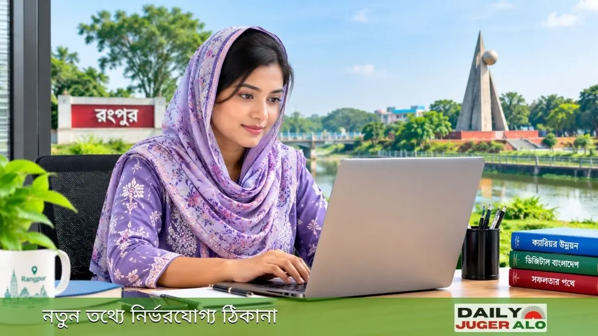 যুগের আলো চাকরির খবরের প্রতীকী ফিচার ছবি, ল্যাপটপে কাজ করছেন একজন কর্মজীবী নারী, পেছনে রংপুর শহরের দৃশ্য