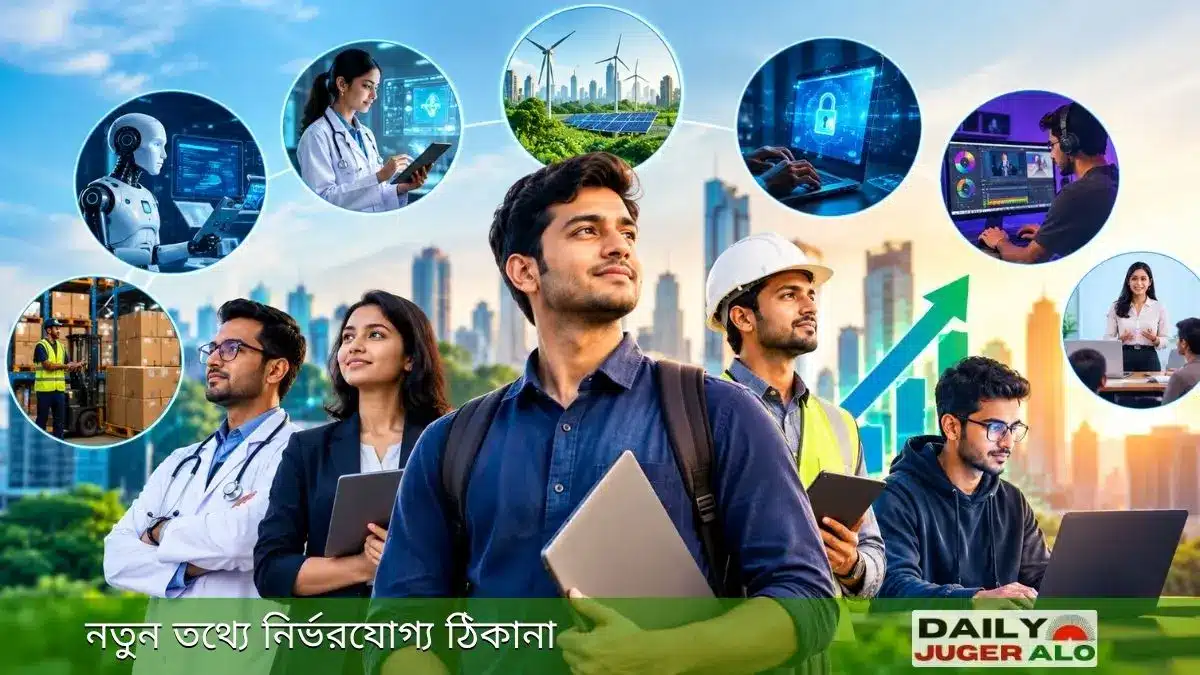 আগামী দশকে চাহিদা বাড়তে পারে এমন বিভিন্ন পেশার প্রতীকী দৃশ্য—প্রযুক্তি, স্বাস্থ্যসেবা, নবায়নযোগ্য জ্বালানি, সাইবার নিরাপত্তা, রোবটিক্স ও ডিজিটাল কাজের সঙ্গে যুক্ত তরুণ পেশাজীবীদের সমন্বিত চিত্র।