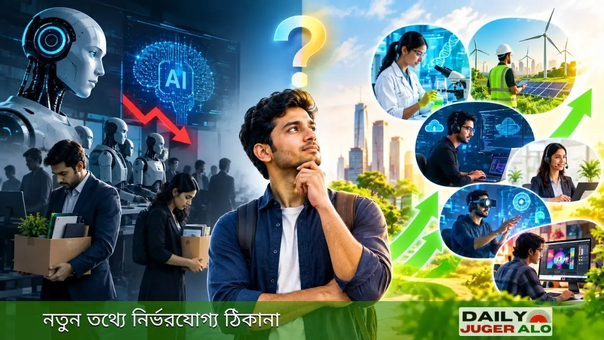 এআই যুগে চাকরি হারানোর আশঙ্কা ও নতুন কর্মসংস্থানের সুযোগকে পাশাপাশি তুলে ধরা ভবিষ্যৎ কর্মজগতের একটি দৃশ্য; একদিকে রোবট ও চাকরি হারানো কর্মী, অন্যদিকে প্রযুক্তি, স্বাস্থ্যসেবা, নবায়নযোগ্য জ্বালানি ও ডিজিটাল পেশার সম্ভাবনা।