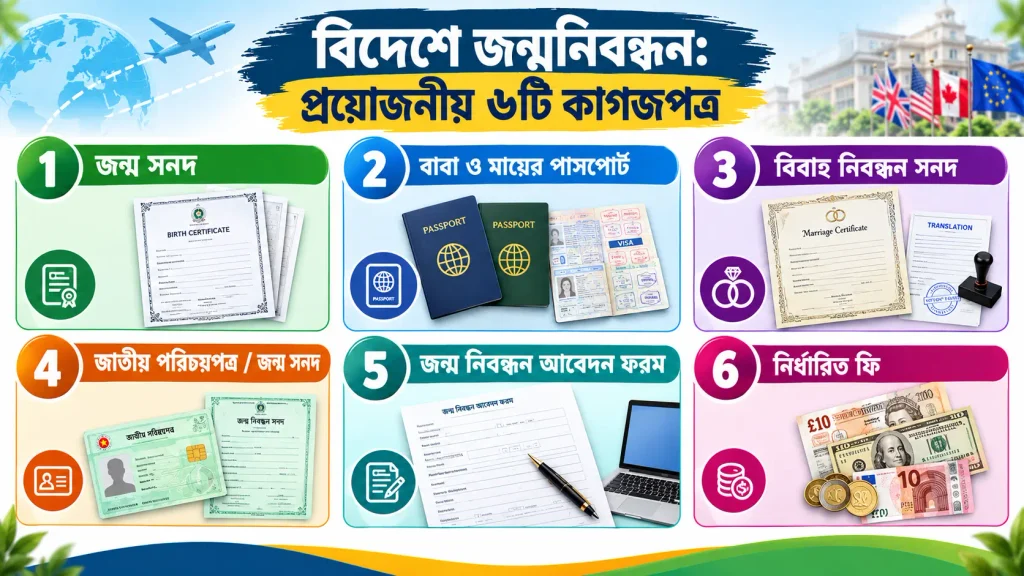দেশে জন্মনিবন্ধনের জন্য প্রয়োজনীয় ৬টি কাগজপত্রের ইনফোগ্রাফি