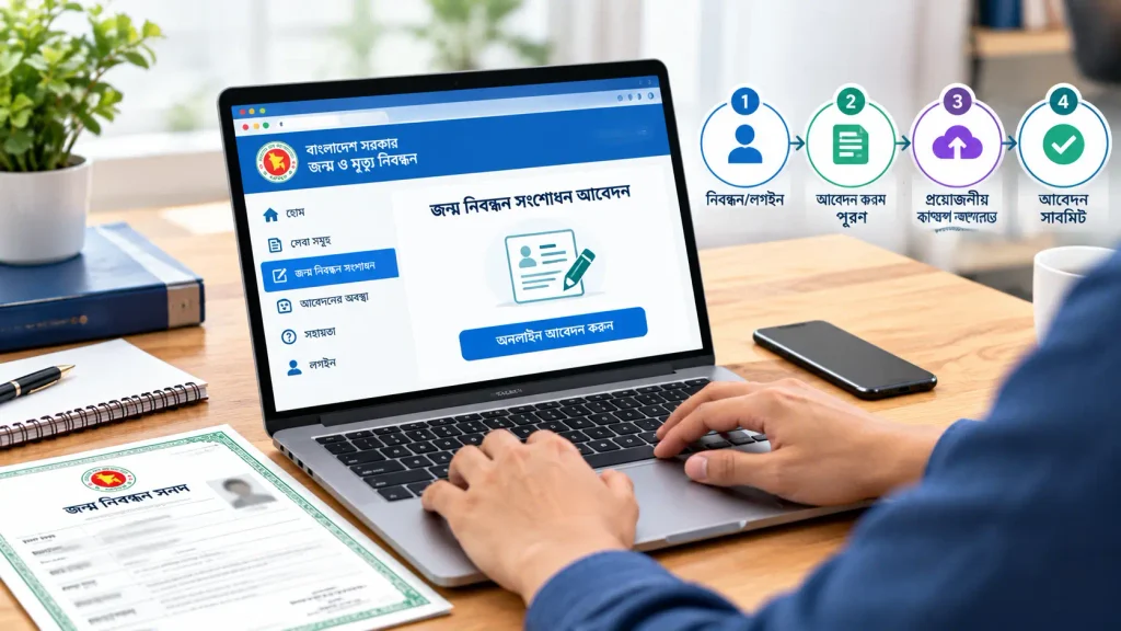 অনলাইনে জন্ম নিবন্ধন সংশোধনের আবেদন করার প্রতীকী চিত্র