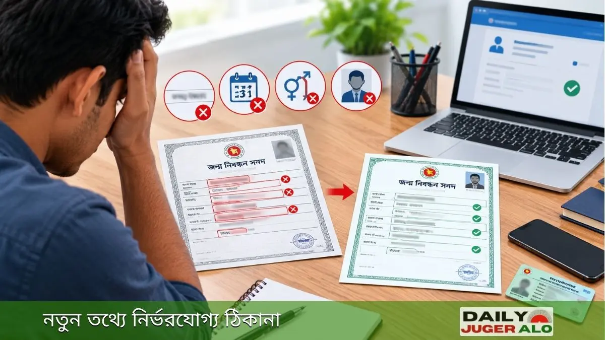 জন্ম নিবন্ধন সংশোধনের সময় বিভিন্ন ভুল ও সমস্যার প্রতীকী চিত্র
