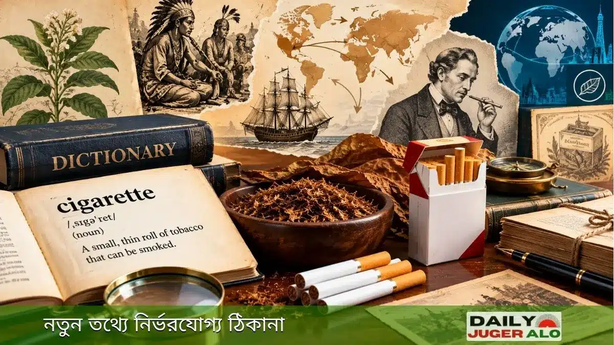 সিগারেট শব্দের অর্থ ও ইতিহাস তুলে ধরা একটি ঐতিহাসিক দৃশ্য, যেখানে অভিধান, পুরোনো বই, তামাকগাছ, মানচিত্র, জাহাজ, ঐতিহাসিক নথি ও পুরোনো সময়ের বিভিন্ন উপাদান দেখা যাচ্ছে।
