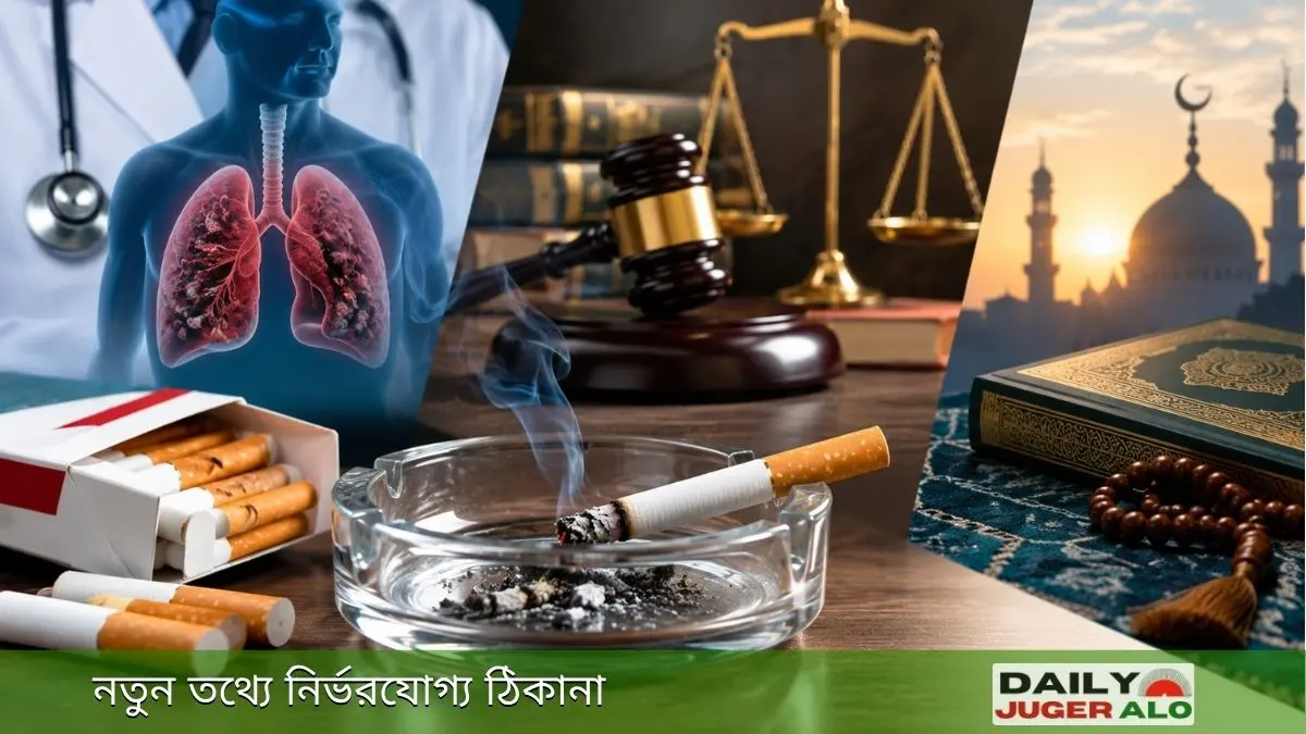 সিগারেট ও ধূমপানের স্বাস্থ্যঝুঁকি, আইন এবং ইসলামী দৃষ্টিভঙ্গির প্রতীকী চিত্র