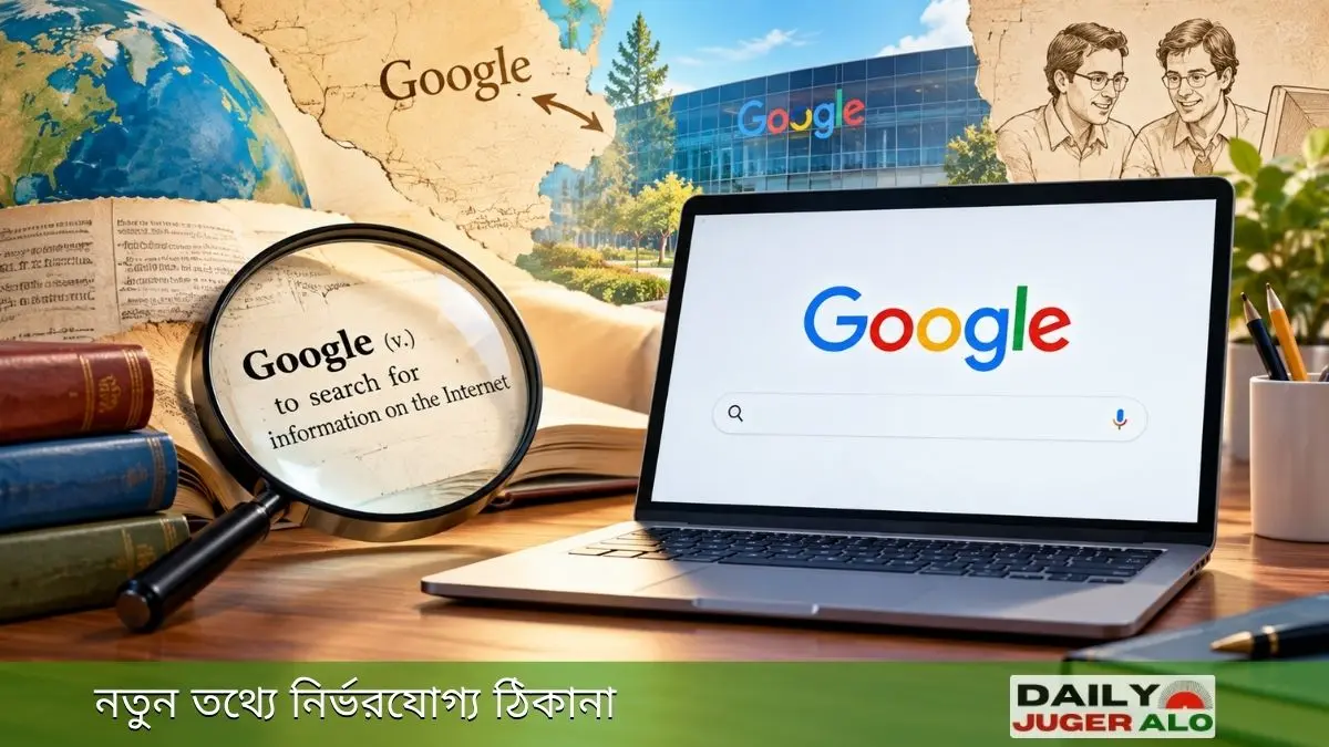 গুগল নামের উৎপত্তি ও এর বাংলা অর্থ বোঝাতে ল্যাপটপ, অভিধান ও সার্চ ইঞ্জিনের প্রতীকী দৃশ্য