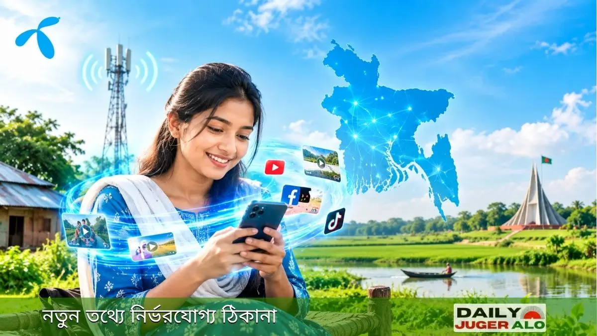 গ্রামীণফোনের নতুন ইন্টারনেট উদ্যোগের প্রতীকী ছবি, স্মার্টফোন ব্যবহার করছেন এক তরুণী এবং পেছনে বাংলাদেশের গ্রামীণ দৃশ্য ও নেটওয়ার্ক সংযোগ