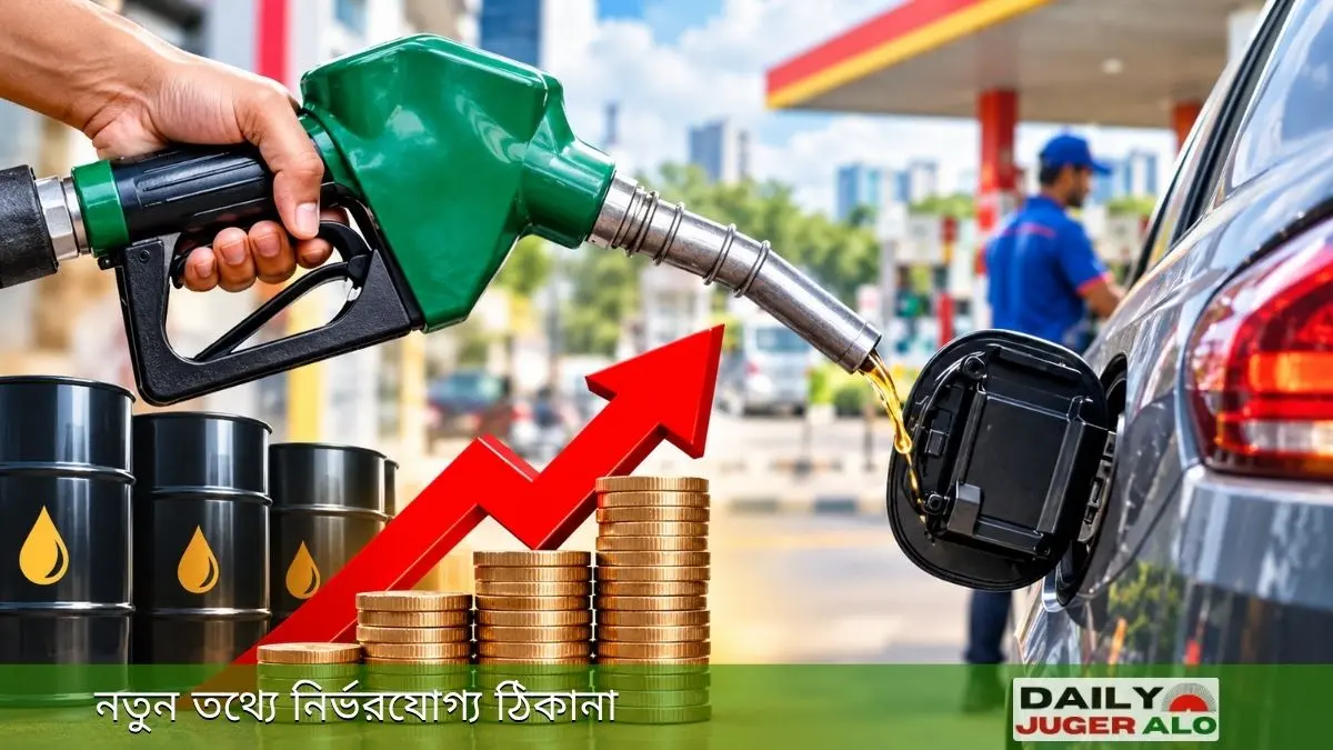 জ্বালানি তেলের দাম বাড়ার প্রতীকী চিত্র, গাড়িতে তেল ভরার সময় ঊর্ধ্বমুখী মূল্য বৃদ্ধির গ্রাফ ও তেলের ব্যারেল