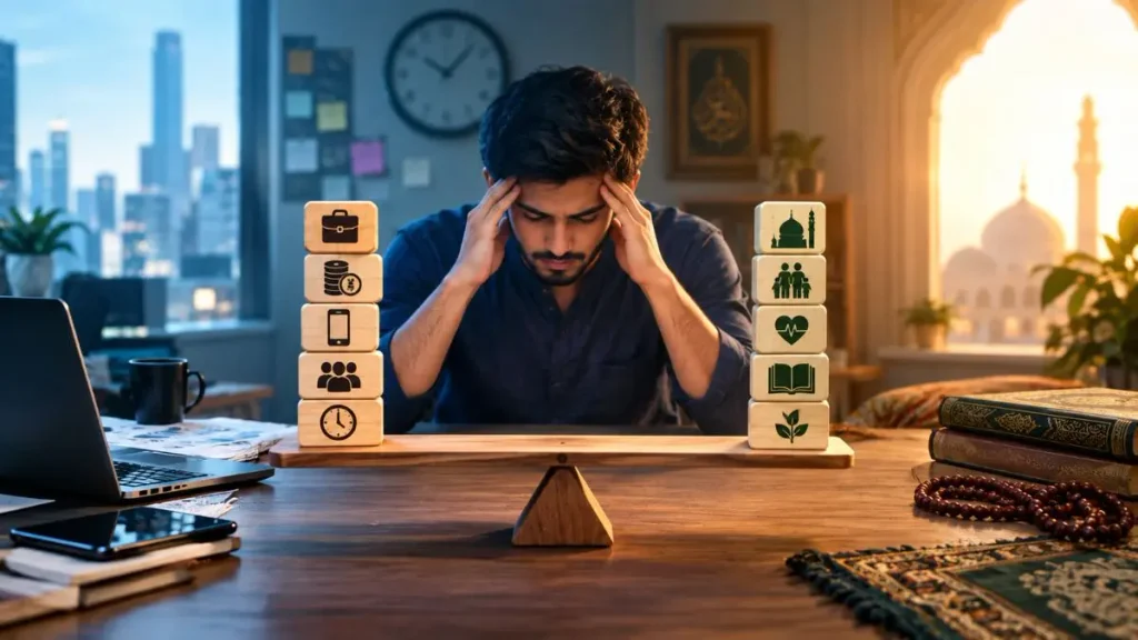 কাজ, পরিবার, ইবাদত ও ব্যক্তিজীবনের মধ্যে ভারসাম্য রাখতে গিয়ে মানুষের মানসিক চাপ ও ভুলের প্রতীকী দৃশ্য