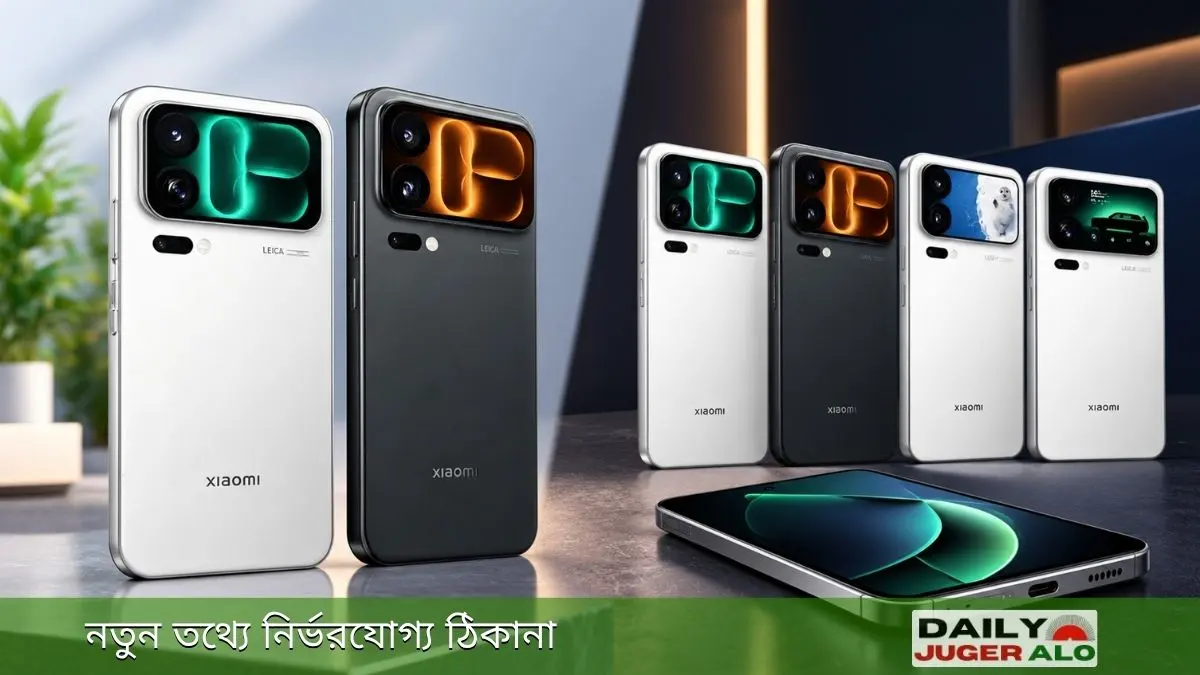 Xiaomi 18 Pro-এর সাদা ও কালো রঙের একাধিক ফোনের রেন্ডার এবং সামনে রাখা একটি ফোন