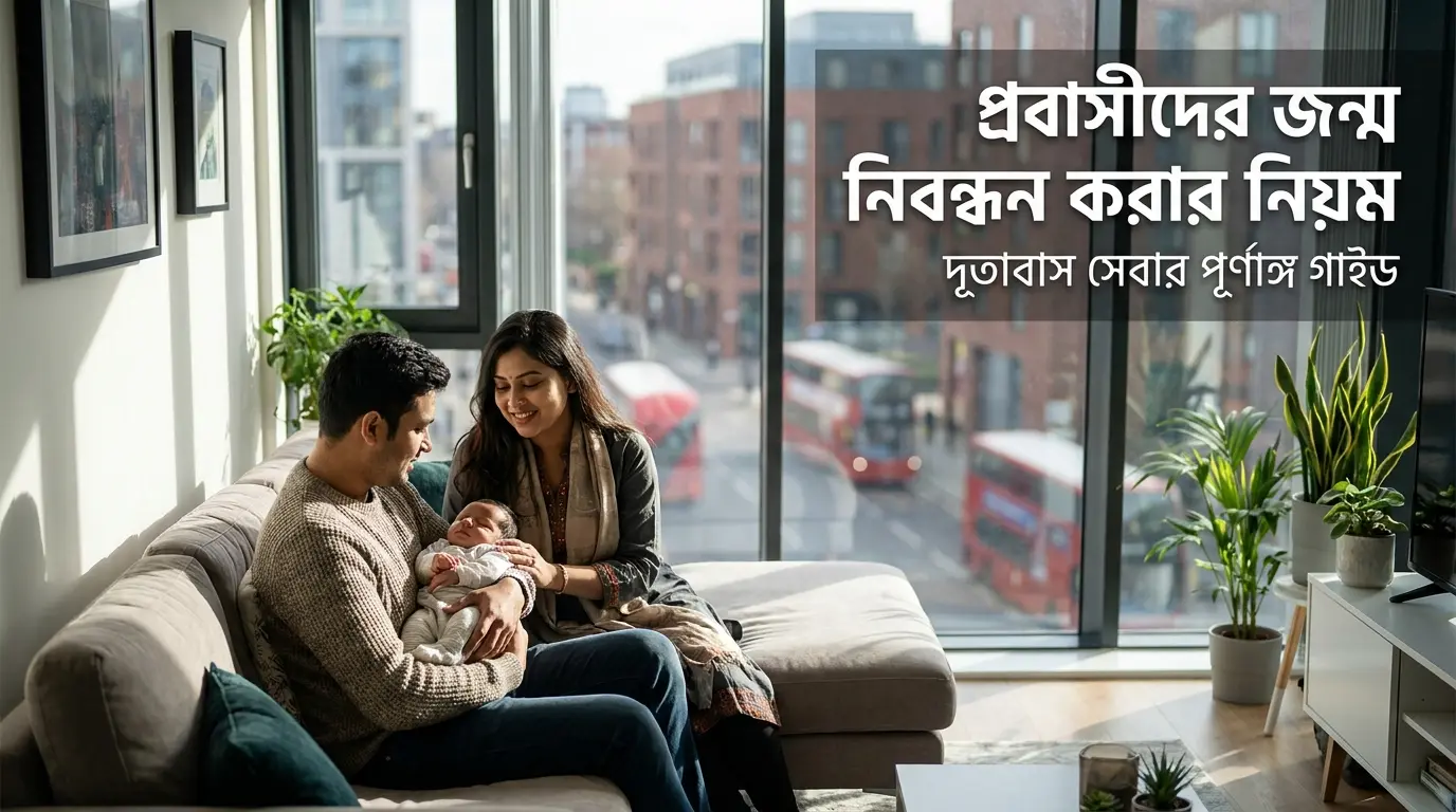প্রবাসে থাকা একজন বাংলাদেশি দম্পতি তাদের নবজাতক শিশুকে নিয়ে জন্ম নিবন্ধনের প্রয়োজনীয়তা নিয়ে ভাবছেন।