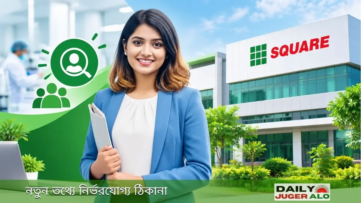 স্কয়ার গ্রুপের চাকরির সুযোগ তুলে ধরা করপোরেট দৃশ্য, সামনে একজন পেশাজীবী নারী এবং পেছনে স্কয়ার প্রতিষ্ঠানের ভবন