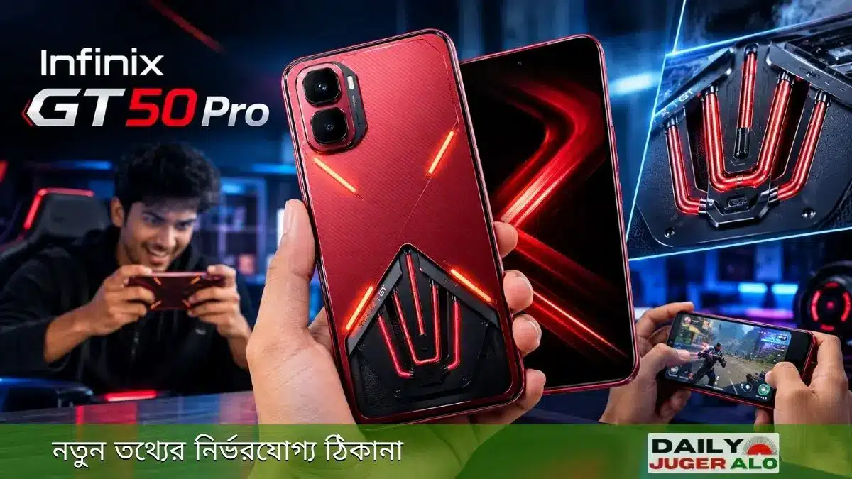 Infinix GT 50 Pro ফোনের লাল রঙের গেমিং ডিজাইন, ডিসপ্লে ও কুলিং সিস্টেমের বিস্তারিত দৃশ্য।