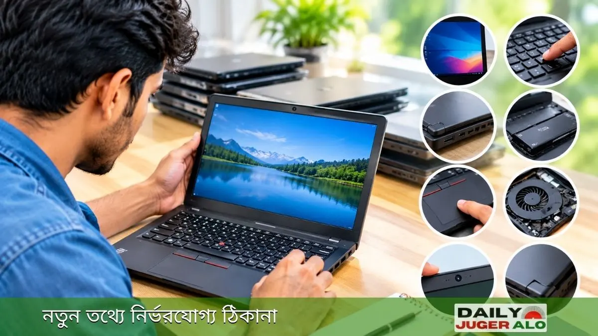 Used laptop কেনার আগে ল্যাপটপের ডিসপ্লে, কিবোর্ড, ব্যাটারি, পোর্ট, টাচপ্যাড ও অন্যান্য গুরুত্বপূর্ণ অংশ পরীক্ষা করছেন একজন ক্রেতা।
