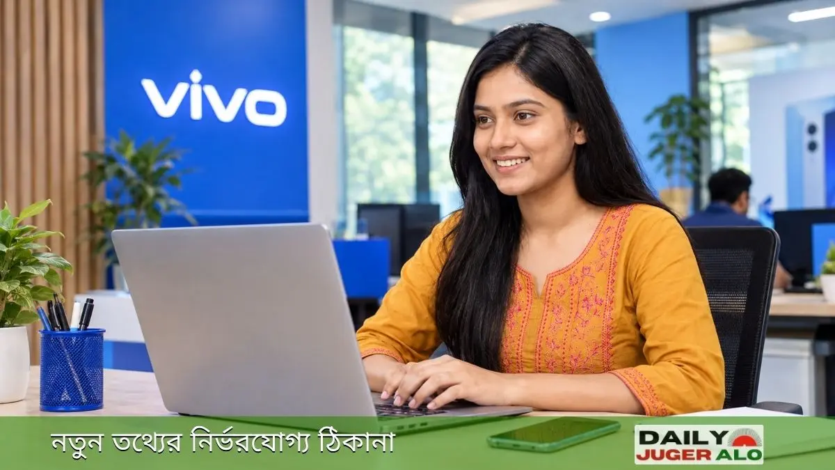 Vivo Job Circular 2026 উপলক্ষে ভিভো অফিসে ল্যাপটপে কাজ করছেন একজন বাংলাদেশি নারী।