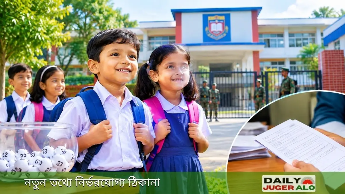 রংপুর ক্যান্টনমেন্ট পাবলিক স্কুলে প্লে থেকে প্রথম শ্রেণিতে লটারির মাধ্যমে ভর্তি, স্কুলের সামনে শিক্ষার্থী ও ভর্তি আবেদনপত্রের দৃশ্য।