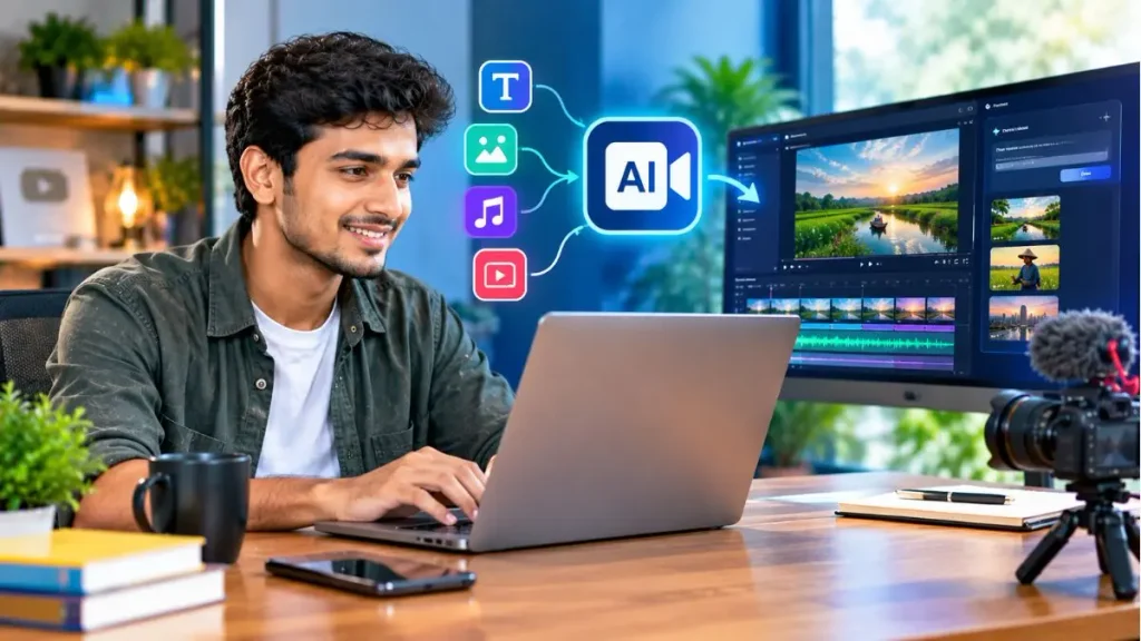AI ভিডিও নিশ নিয়ে কাজ করার জন্য ল্যাপটপে AI ভিডিও তৈরির প্রক্রিয়া দেখছেন একজন কনটেন্ট ক্রিয়েটর।