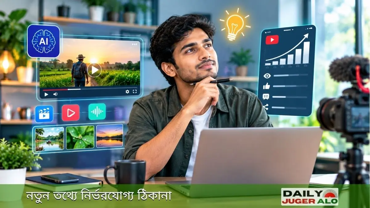 AI ভিডিও নিশ নিয়ে কাজ ও ভিডিও তৈরির পরিকল্পনা করছেন একজন কনটেন্ট ক্রিয়েটর।