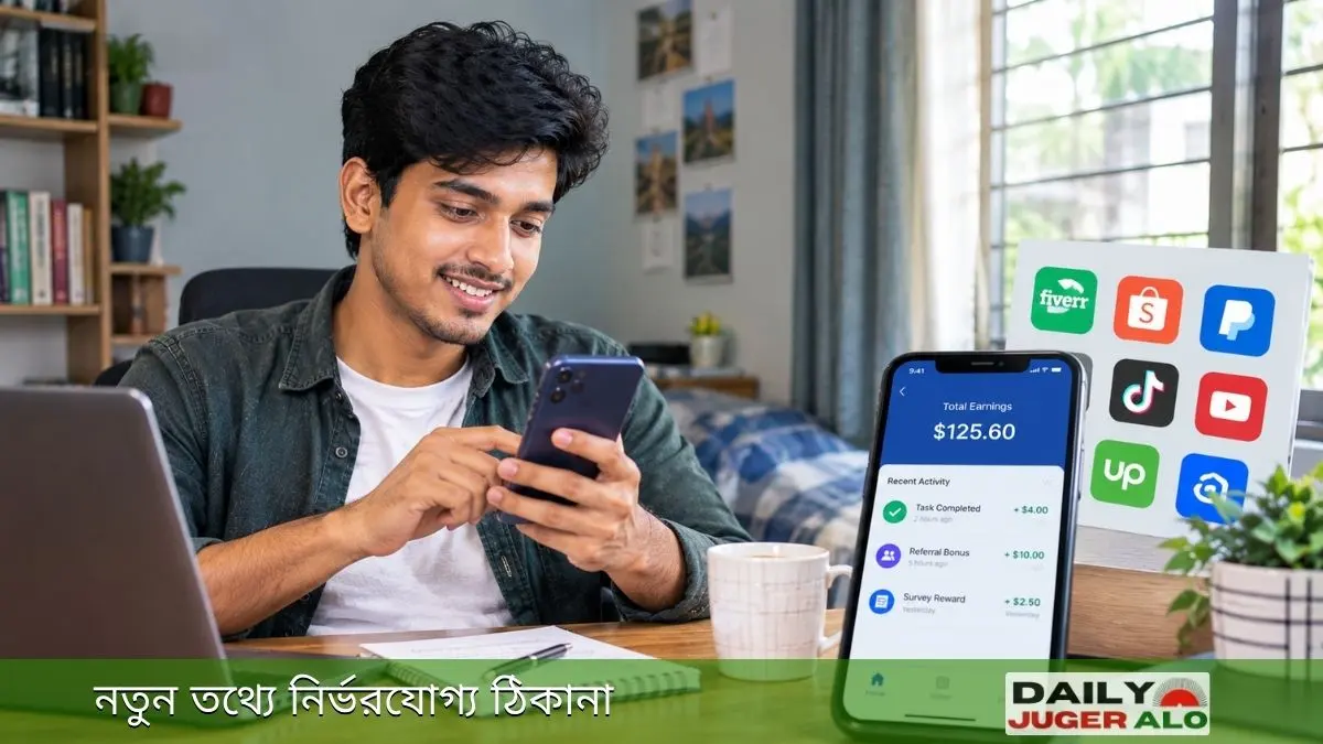 অ্যাপ দিয়ে ইনকাম করার জন্য স্মার্টফোনে বিভিন্ন অনলাইন আয়ের অ্যাপ ব্যবহার করছেন একজন তরুণ।
