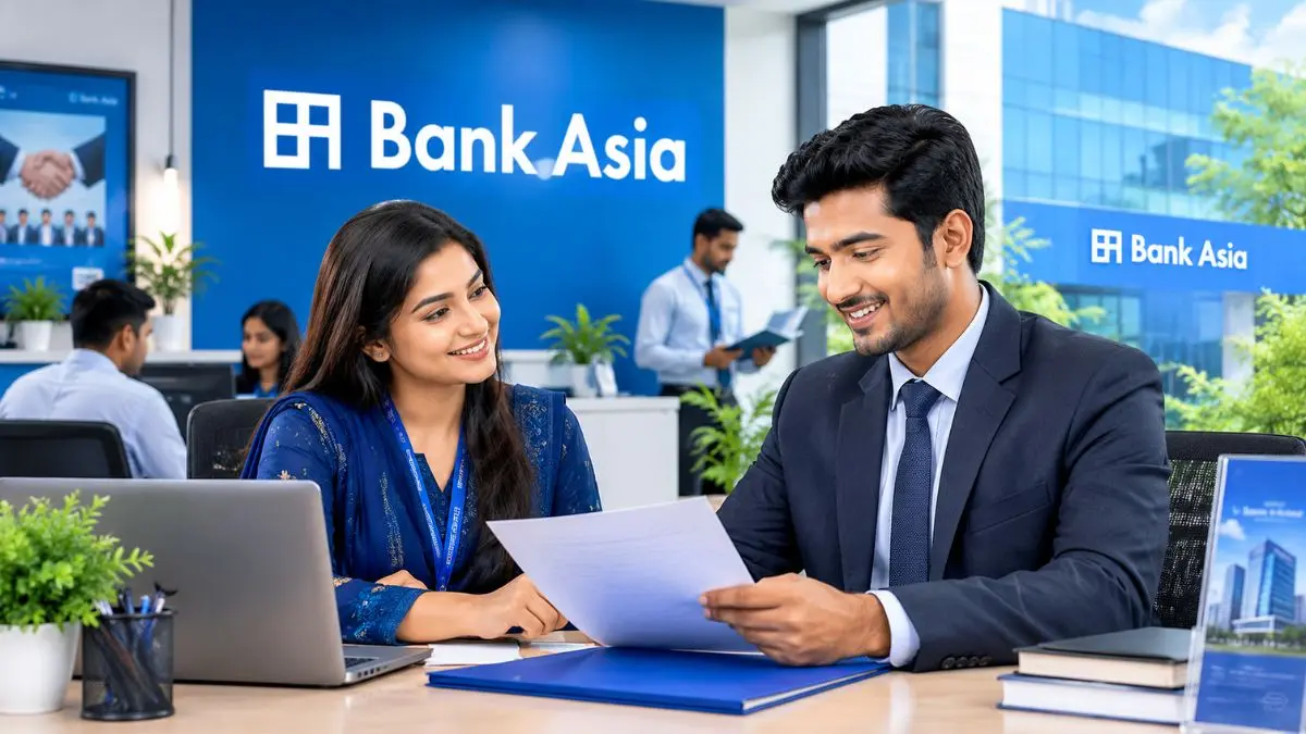 ব্যাংক এশিয়া নিয়োগ বিজ্ঞপ্তি ২০২৬ উপলক্ষে ব্যাংকের আধুনিক অফিসে চাকরিপ্রার্থী ও ব্যাংক কর্মকর্তার কার্যক্রম।