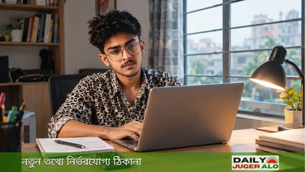 বাংলাদেশি তরুণ ল্যাপটপে অনলাইনে কাজ করছেন, ঘরে বসে ফ্রিল্যান্সিং ও অনলাইন ইনকামের প্রস্তুতি নিচ্ছেন।