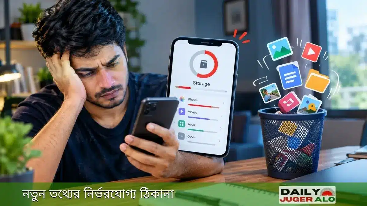 ফোনের স্টোরেজ খালি করার উপায় দেখাচ্ছে স্মার্টফোনের স্টোরেজ সেটিংস, যেখানে ছবি, ভিডিও ও অপ্রয়োজনীয় ফাইল মুছে ফোনের জায়গা খালি করার ধারণা তুলে ধরা হয়েছে।
