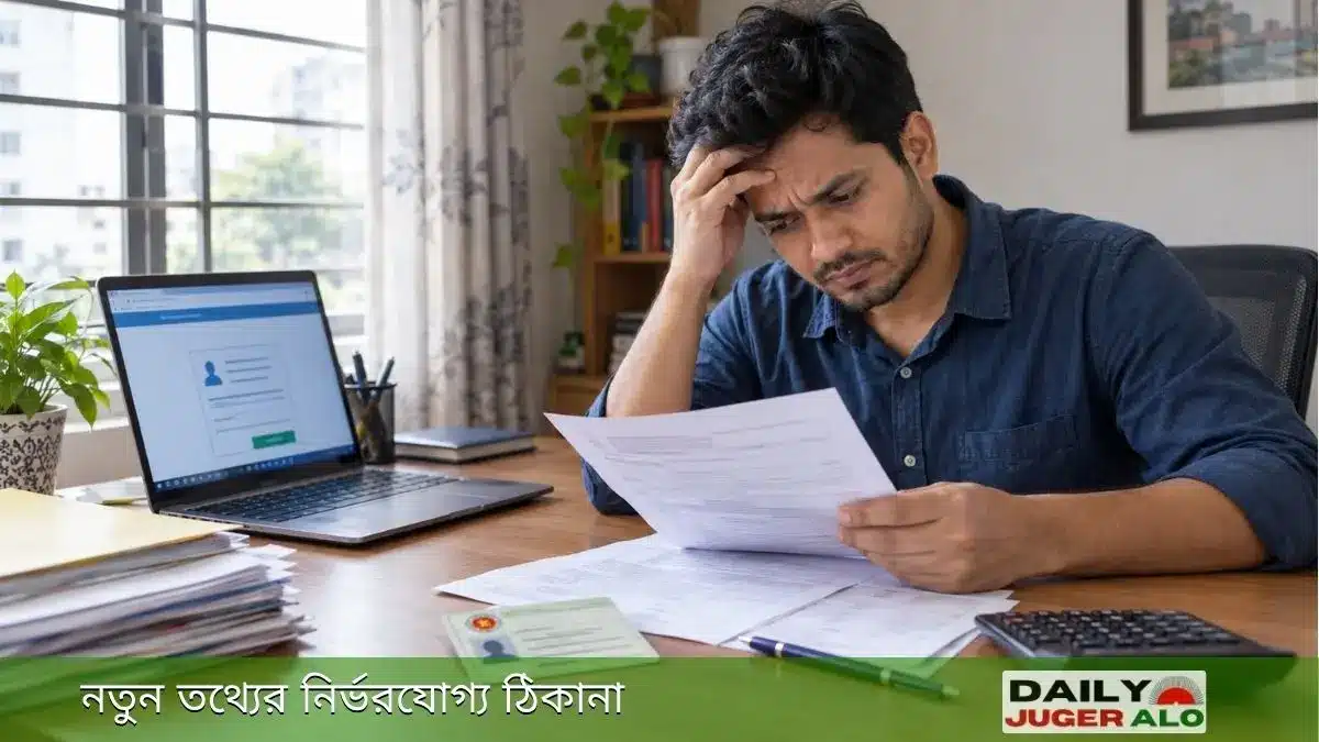 ই-টিন রিটার্ন জরিমানা নিয়ে চিন্তিত করদাতা, সামনে আয়কর রিটার্নের কাগজপত্র, ল্যাপটপ ও ই-টিআইএন কার্ড।