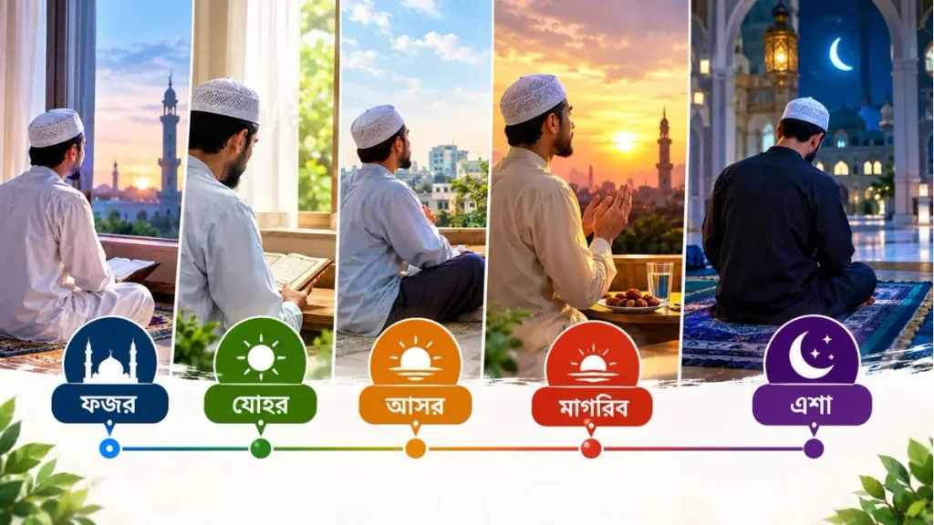 একজন মুমিনের প্রতিদিনের রুটিনে ফজর, যোহর, আসর, মাগরিব ও এশার নামাজ