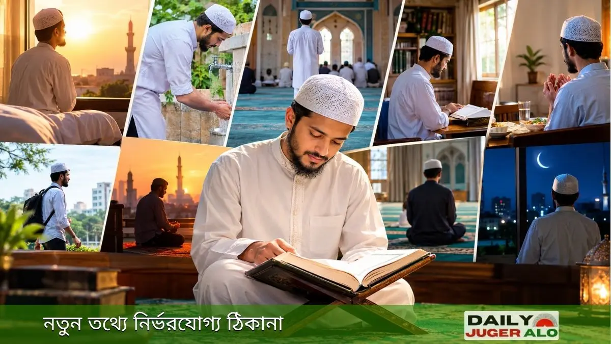 একজন মুমিনের প্রতিদিনের রুটিন অনুযায়ী নামাজ, কোরআন তিলাওয়াত ও ইবাদতের দৃশ্য