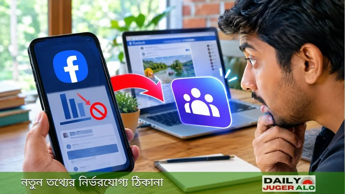 ফেসবুক রিচ বন্ধ ও নতুন ভিউয়ারস ফিচার নিয়ে উদ্বিগ্ন একজন বাংলাদেশি ফেসবুক অ্যাডমিনের বাস্তবধর্মী ছবি।