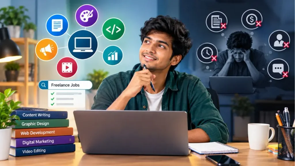 ফ্রিল্যান্সিং স্কিল শেখার মাধ্যমে অনলাইনে কাজের প্রস্তুতি নিচ্ছেন একজন তরুণ, পাশে কনটেন্ট রাইটিং, গ্রাফিক ডিজাইন, ওয়েব ডেভেলপমেন্ট ও ডিজিটাল মার্কেটিংয়ের প্রতীকী চিত্র।