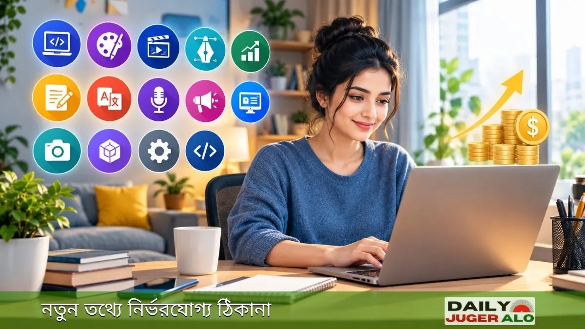 ঘরে বসে ইনকামের স্কিল শিখে ল্যাপটপের মাধ্যমে অনলাইনে কাজ করছেন একজন তরুণী