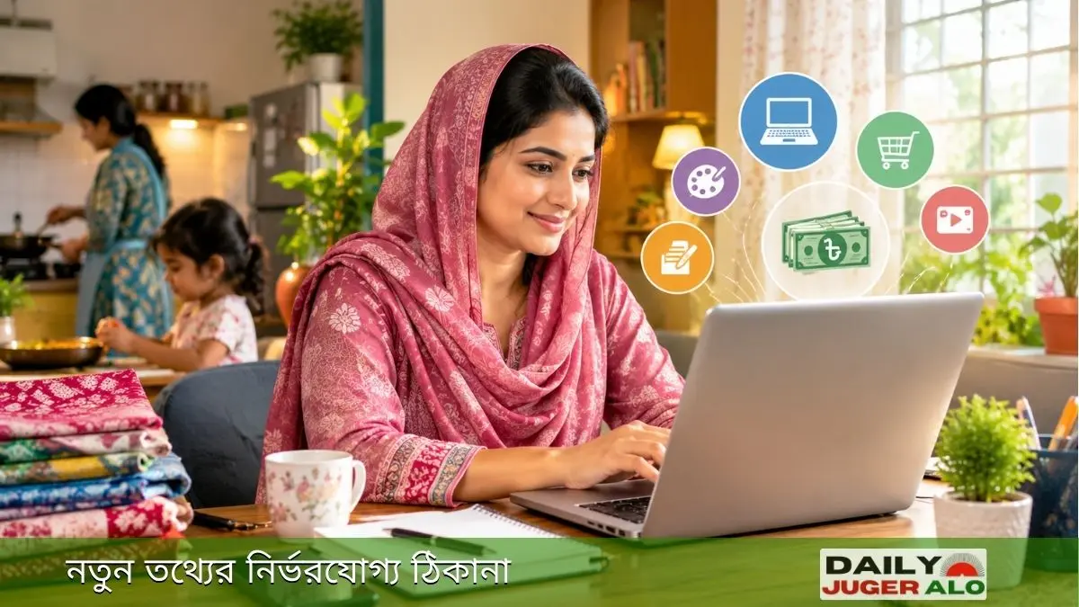 গৃহিণীদের অনলাইন ইনকাম করার জন্য ঘরে বসে ল্যাপটপে কাজ করছেন একজন বাংলাদেশি নারী