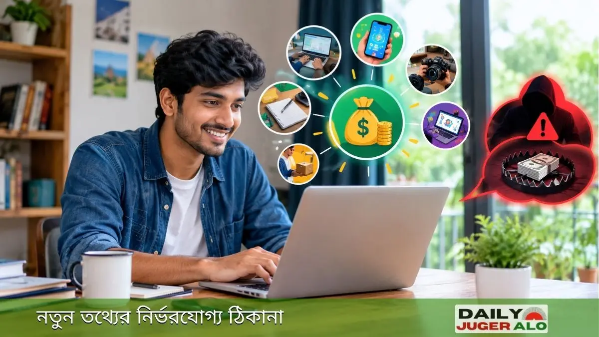 ইনভেস্ট ছাড়া অনলাইন ইনকাম করার ১০টি উপায় ও অনলাইন প্রতারণার ফাঁদ সম্পর্কে ধারণা দিচ্ছেন ল্যাপটপে কাজ করা এক তরুণ।
