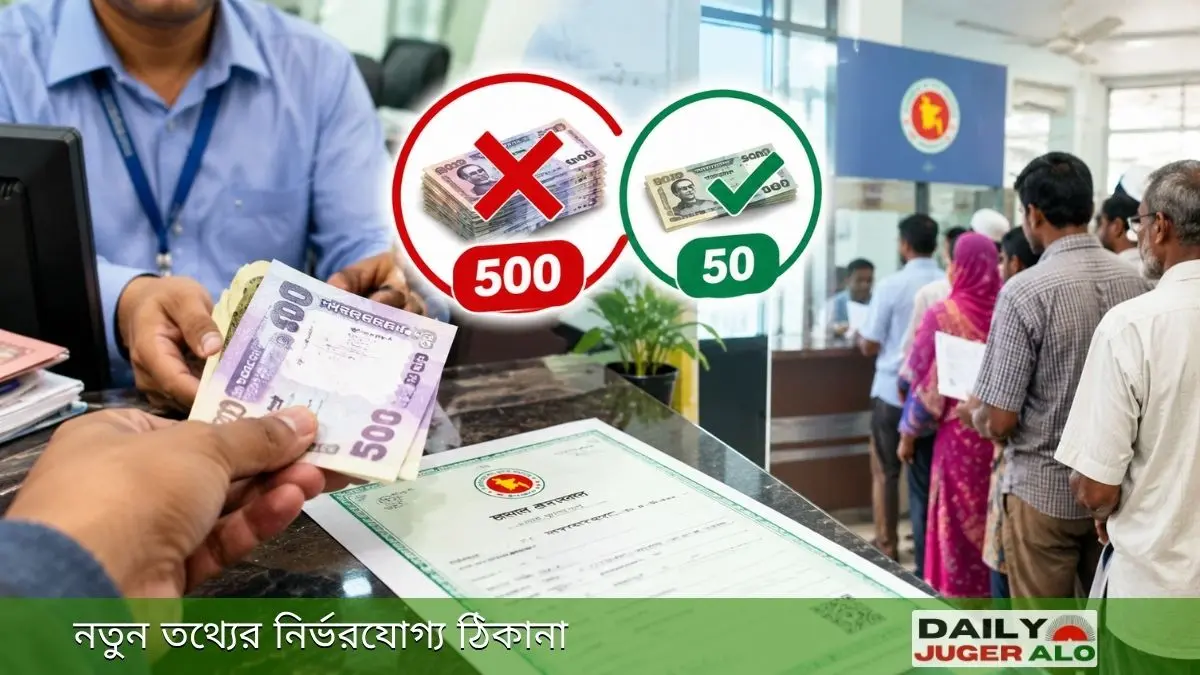 জন্ম ও মৃত্যু নিবন্ধনের সরকারি ফি ৫০ টাকার পরিবর্তে ৫০০ টাকা নেওয়ার বিষয়ে সচেতনতামূলক ছবি।
