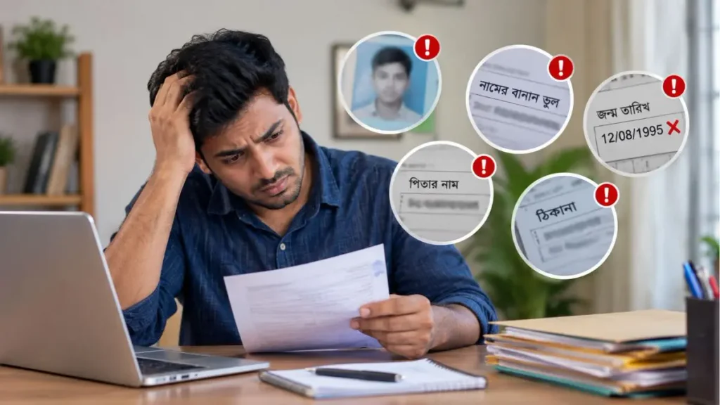জন্ম ও মৃত্যু নিবন্ধনের সরকারি ফি, আবেদনপত্রে নামের বানান, জন্মতারিখ, পিতার নাম ও ঠিকানার ভুল নিয়ে সচেতনতামূলক ছবি।