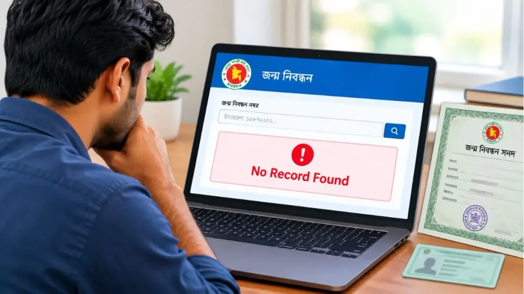 জন্ম নিবন্ধন যাচাই করতে গিয়ে অনলাইনে No Record Found দেখানোর প্রতীকী দৃশ্য