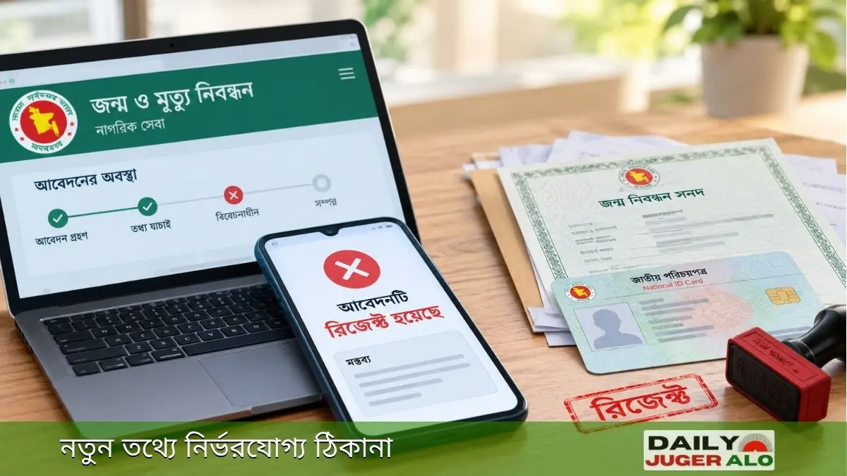 জন্ম নিবন্ধন আবেদন রিজেক্ট হওয়ার কারণ বোঝাতে ল্যাপটপে আবেদন স্ট্যাটাস, মোবাইলে রিজেক্ট বার্তা ও জন্ম নিবন্ধনের কাগজপত্র