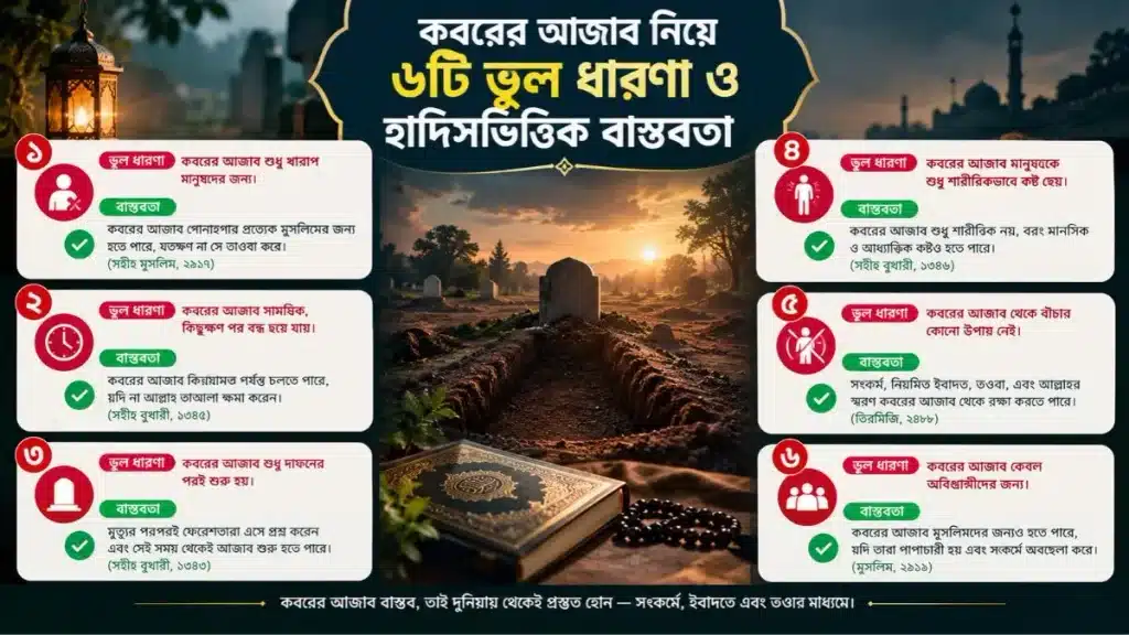 কবরের আজাব থেকে মুক্তির উপায় ও কবরের আজাব সম্পর্কে ছয়টি ভুল ধারণা এবং হাদিসভিত্তিক বাস্তবতা।
