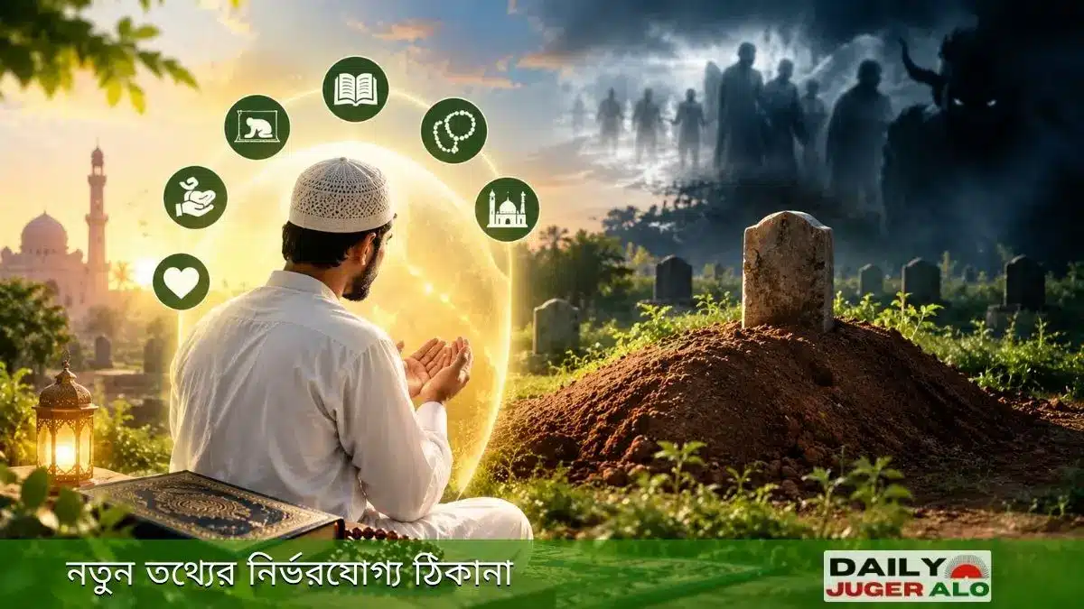 কবরের আজাব থেকে মুক্তির আশায় দোয়া করছেন এক মুসলিম ব্যক্তি, পাশে পবিত্র কুরআন ও কবরের দৃশ্য।