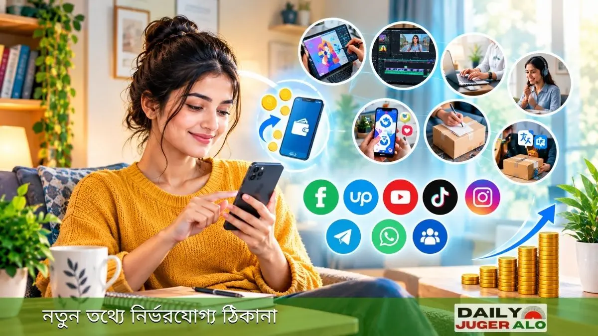 মোবাইল দিয়ে ইনকাম করার জন্য স্মার্টফোনে অনলাইন কাজ ও আয়ের বিভিন্ন সুযোগ খুঁজছেন একজন তরুণী