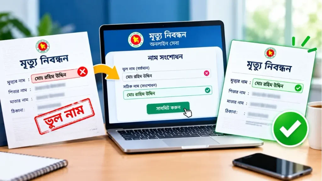 ল্যাপটপে অনলাইনে মৃত্যু নিবন্ধনের ভুল নাম সংশোধনের আবেদন করার প্রক্রিয়া।