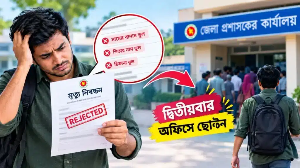 মৃত্যু নিবন্ধনের নাম, পিতার নাম ও ঠিকানায় ভুল থাকায় আবেদন রিজেক্ট হয়ে পুনরায় সরকারি অফিসে যাচ্ছেন একজন ব্যক্তি।