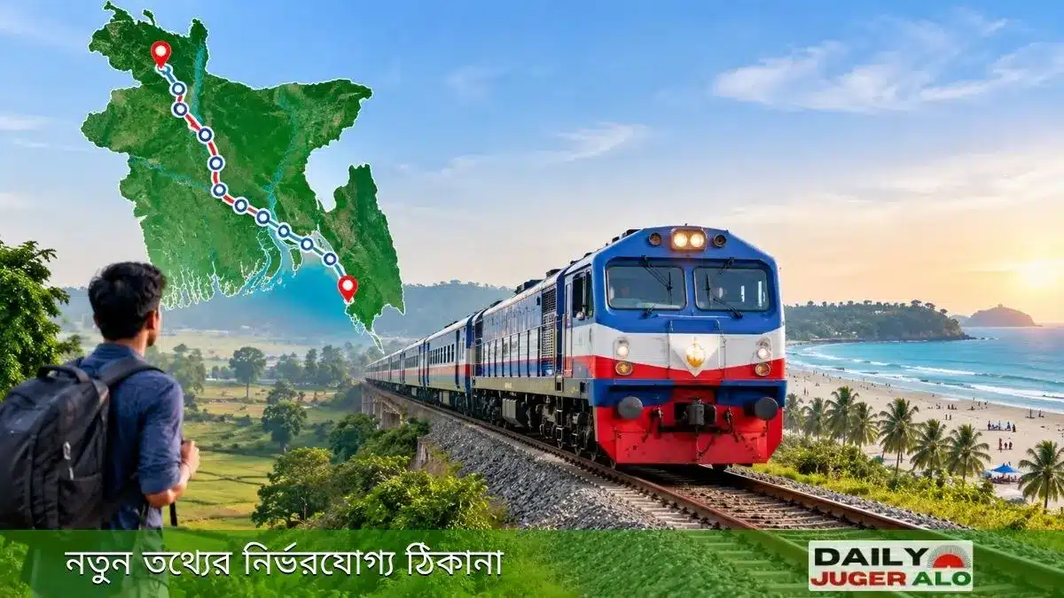 পঞ্চগড়-কক্সবাজার ট্রেন চলাচলের সম্ভাব্য রেলপথ, বাংলাদেশের মানচিত্র, যাত্রীবাহী ট্রেন ও কক্সবাজারের সমুদ্রসৈকতের দৃশ্য।