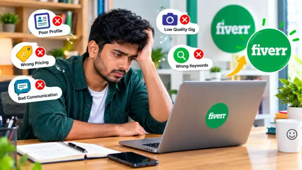 ফাইভারে কাজ পাওয়ার উপায় শিখতে গিগের ভুল, ভুল মূল্য নির্ধারণ ও দুর্বল প্রোফাইল পর্যালোচনা করছেন একজন ফ্রিল্যান্সার