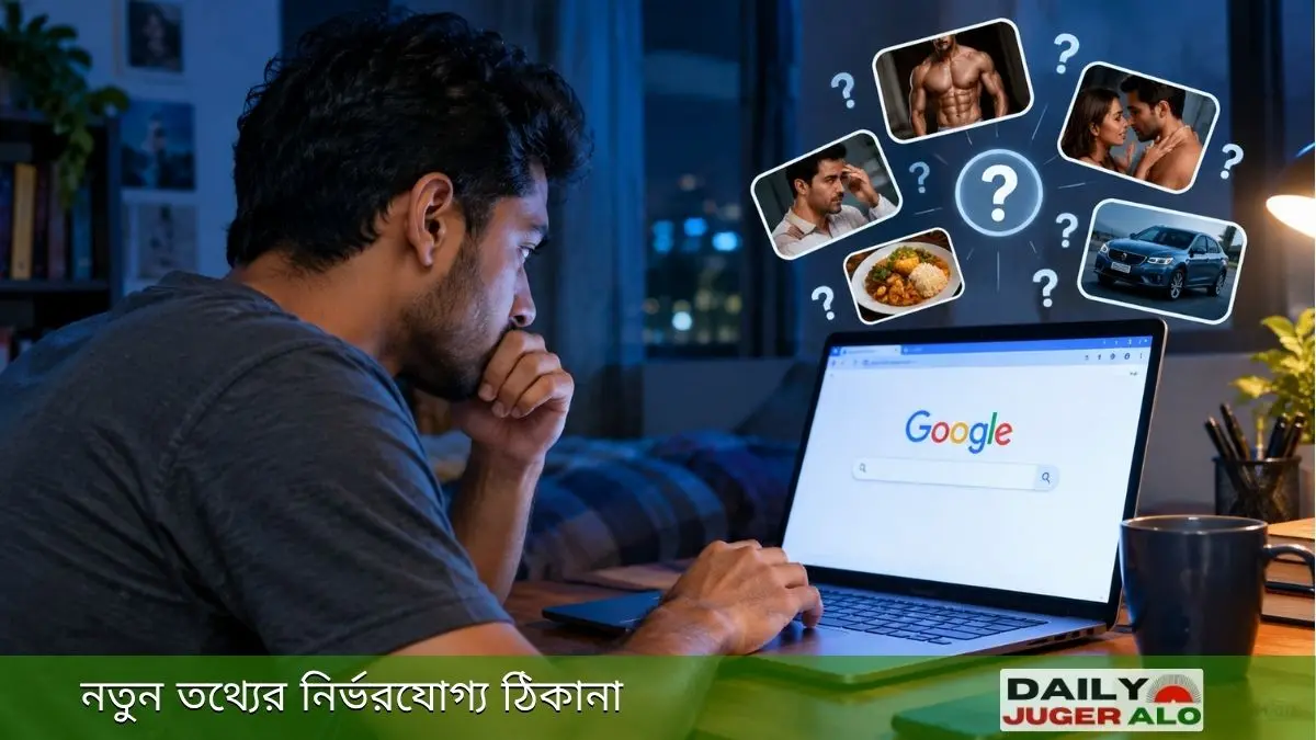 পুরুষরা গুগলে সবচেয়ে বেশি কী সার্চ করেন তা জানতে রাতে ল্যাপটপে গুগল সার্চ করছেন এক তরুণ, পাশে বিভিন্ন প্রশ্ন ও আগ্রহের প্রতীকী ছবি।
