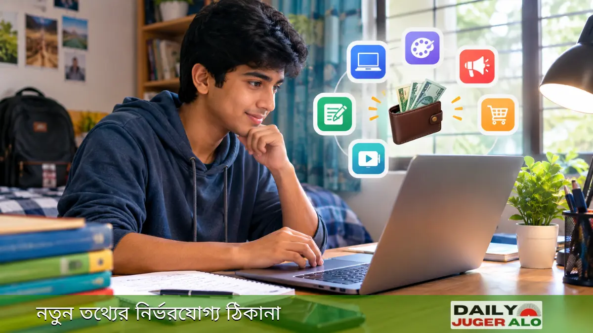 স্টুডেন্ট অনলাইন ইনকাম করার জন্য ল্যাপটপে কাজ করছে এবং পাশে পড়াশোনার বই রয়েছে